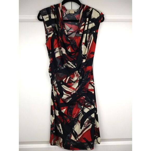 Michael Kors Sleeveless Sheath Dress L Ruched Side Cowl Neck Black Red Blaze NWT - Picture 1 of 16